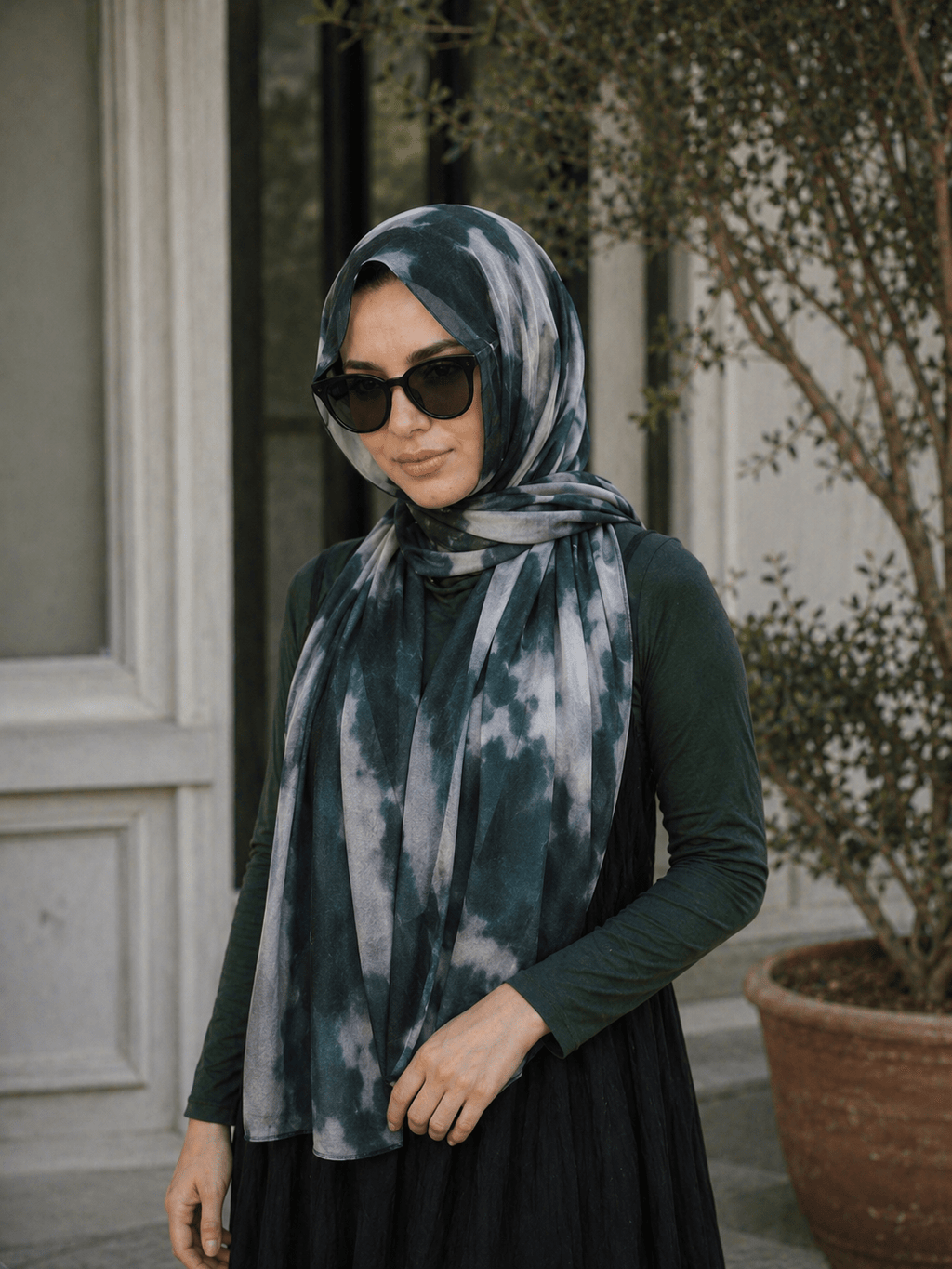 RY418 Dark Teal Gray Marble Mercerized Cotton Jersey Hijab – Soft Stretch Scarf - Raya