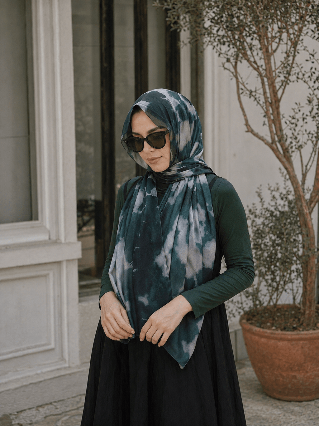 RY418 Dark Teal Gray Marble Mercerized Cotton Jersey Hijab – Soft Stretch Scarf - Raya
