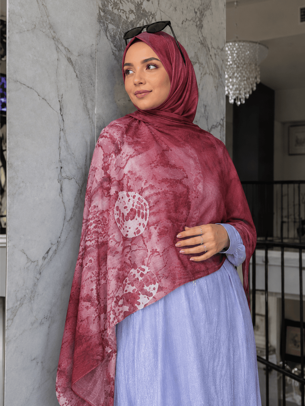 RY419 Burgundy Marble Mercerized Cotton Jersey Hijab – Soft Stretch Scarf - Raya