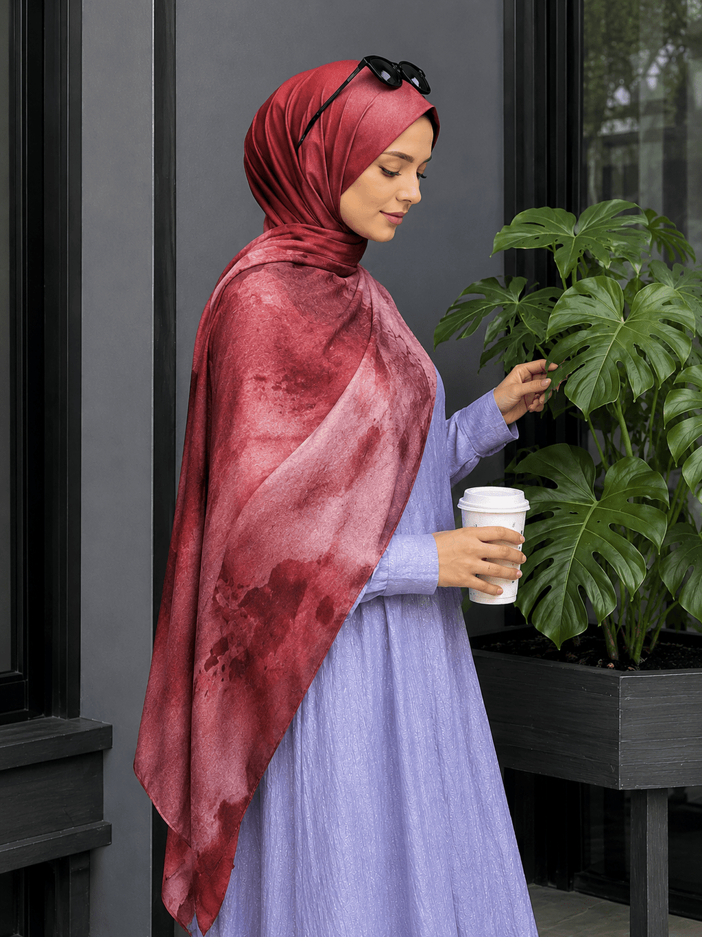 RY419 Burgundy Marble Mercerized Cotton Jersey Hijab – Soft Stretch Scarf - Raya