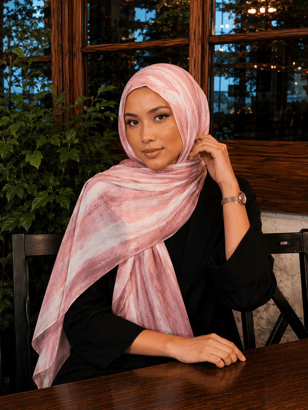 RY420 Peach Pink Marble Mercerized Cotton Jersey Hijab – Soft Stretch Scarf - Raya