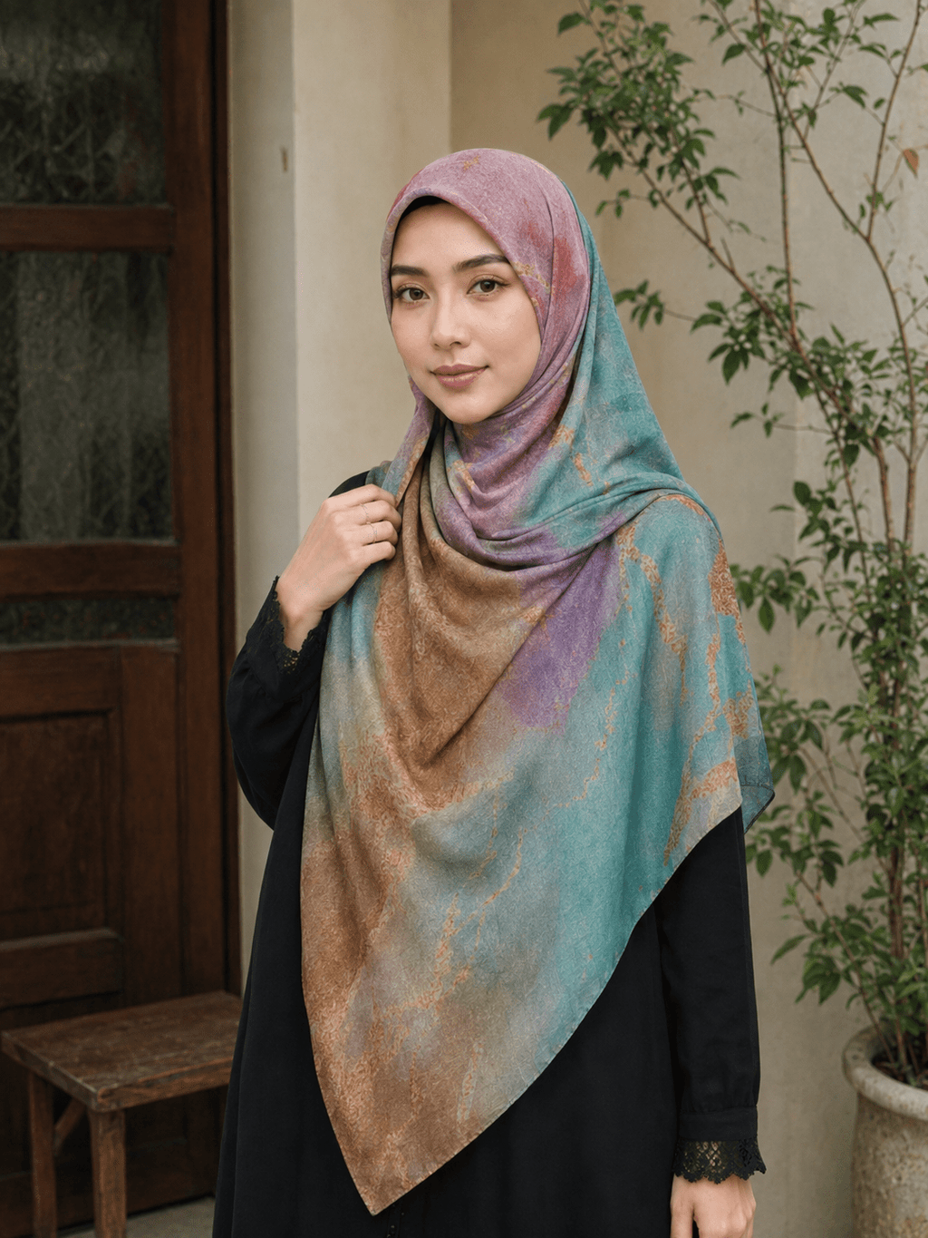 RY421 Aqua Rose Marble Mercerized Cotton Jersey Hijab – Soft Stretch Scarf - Raya