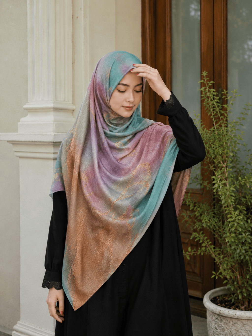 RY421 Aqua Rose Marble Mercerized Cotton Jersey Hijab – Soft Stretch Scarf - Raya