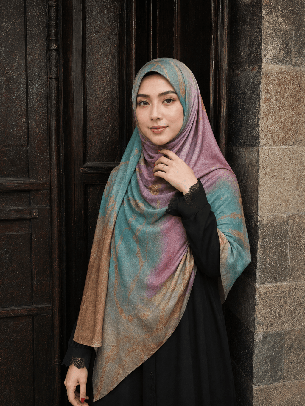 RY421 Aqua Rose Marble Mercerized Cotton Jersey Hijab – Soft Stretch Scarf - Raya