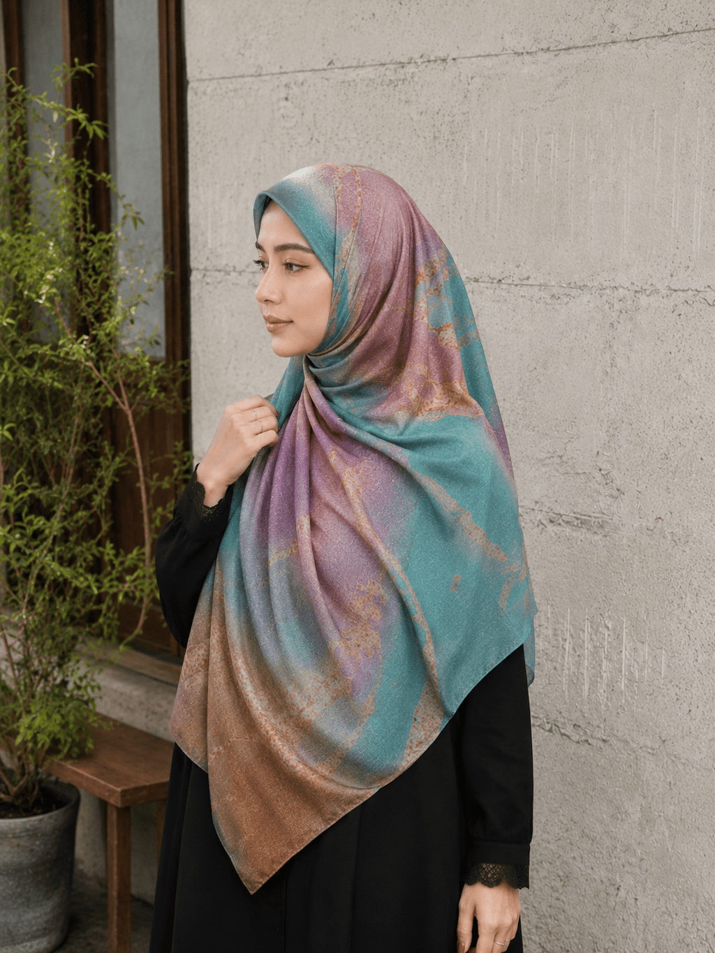 RY421 Aqua Rose Marble Mercerized Cotton Jersey Hijab – Soft Stretch Scarf - Raya