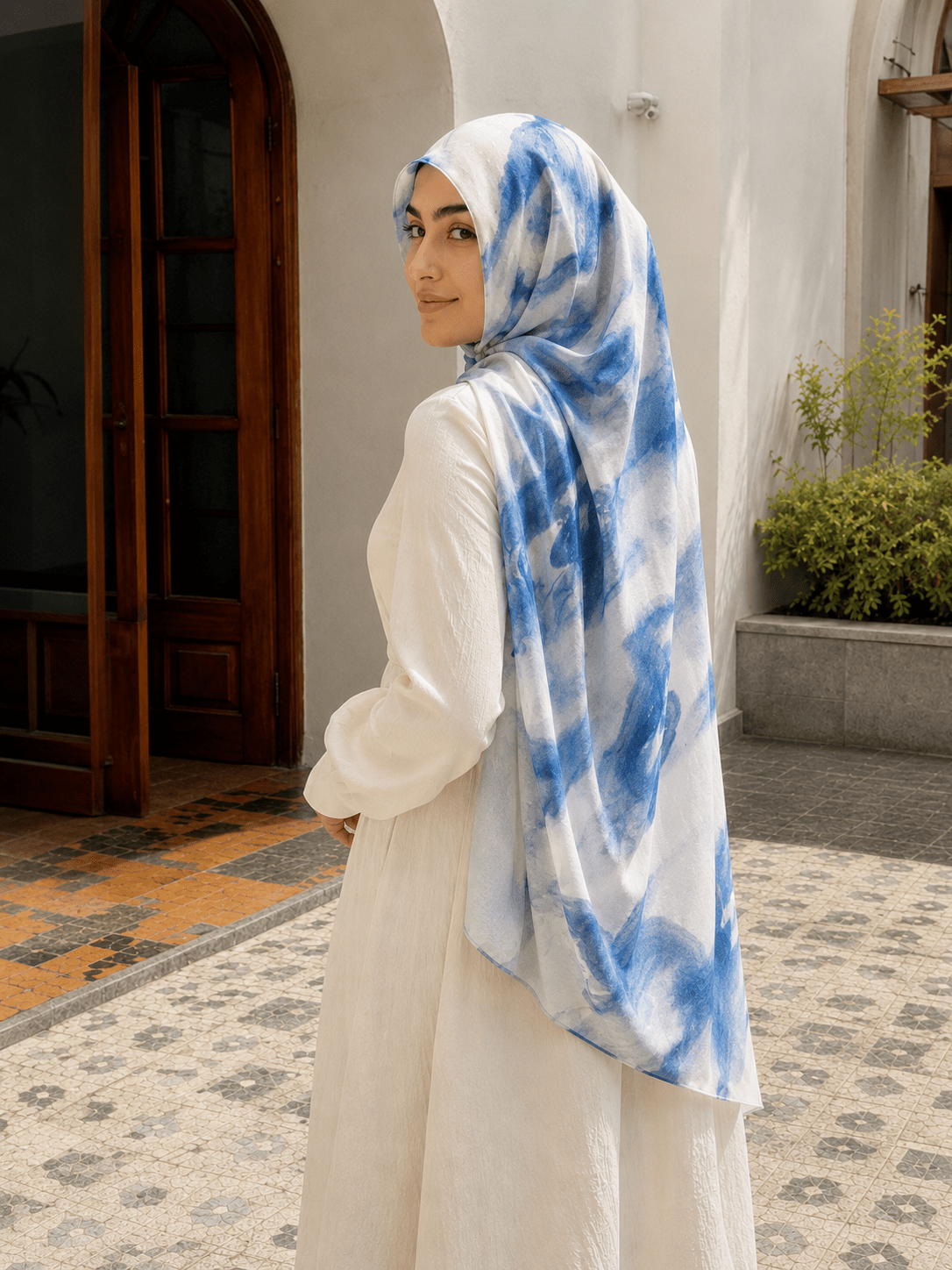 RY424 Blue Marble Mercerized Cotton Jersey Hijab – Soft Stretch Scarf - Raya