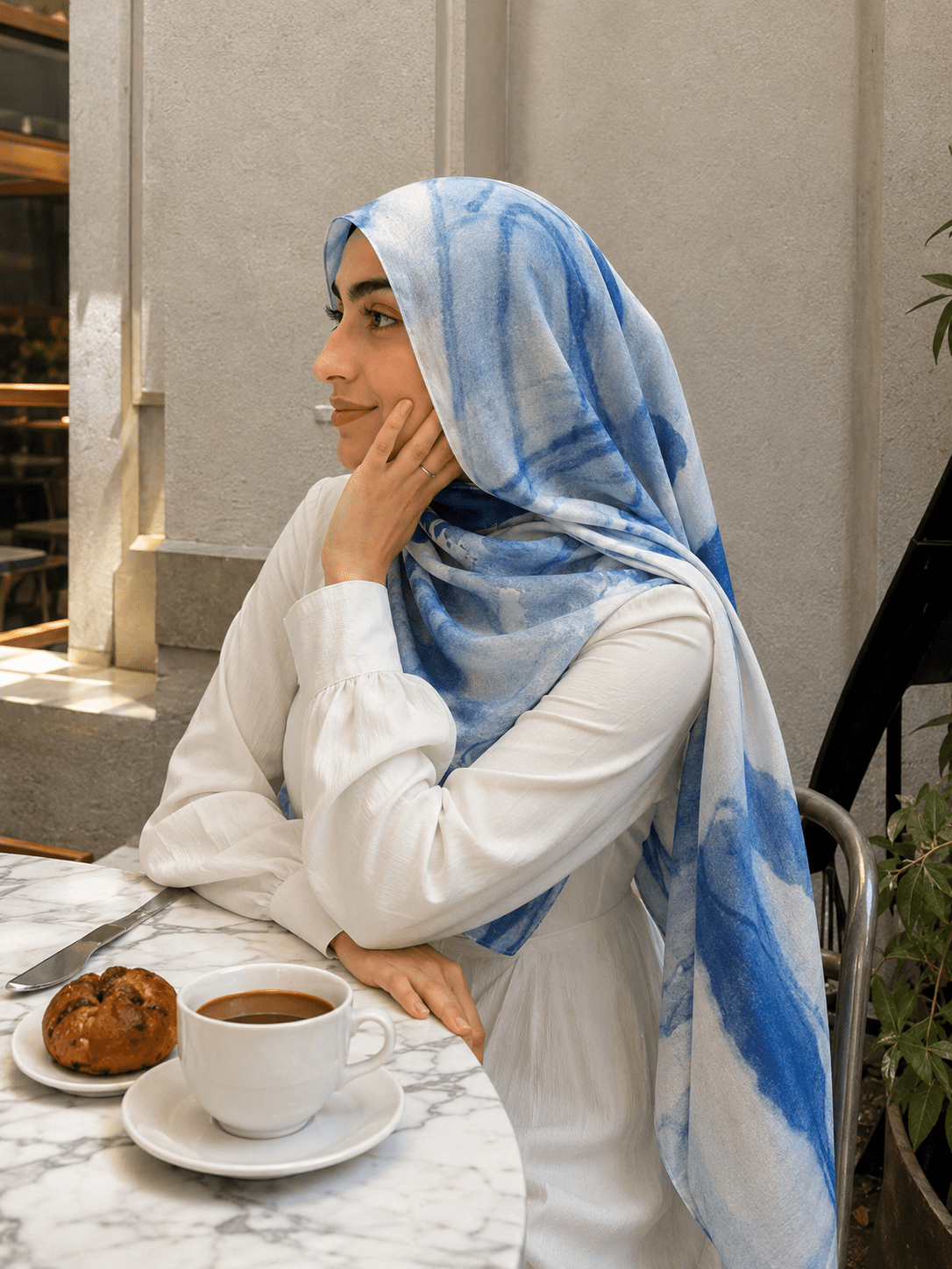 RY424 Blue Marble Mercerized Cotton Jersey Hijab – Soft Stretch Scarf - Raya