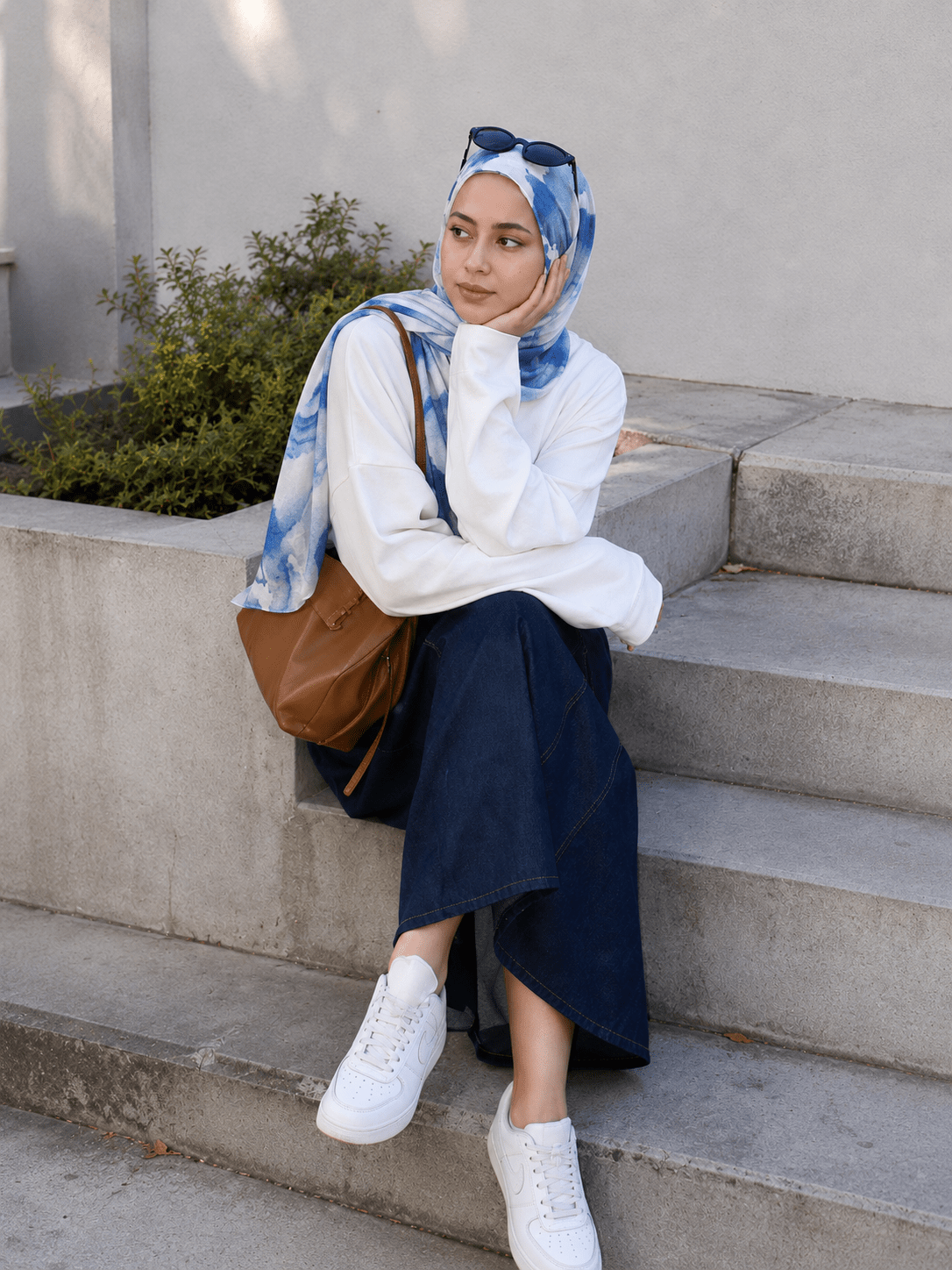 RY424 Blue Marble Mercerized Cotton Jersey Hijab – Soft Stretch Scarf - Raya