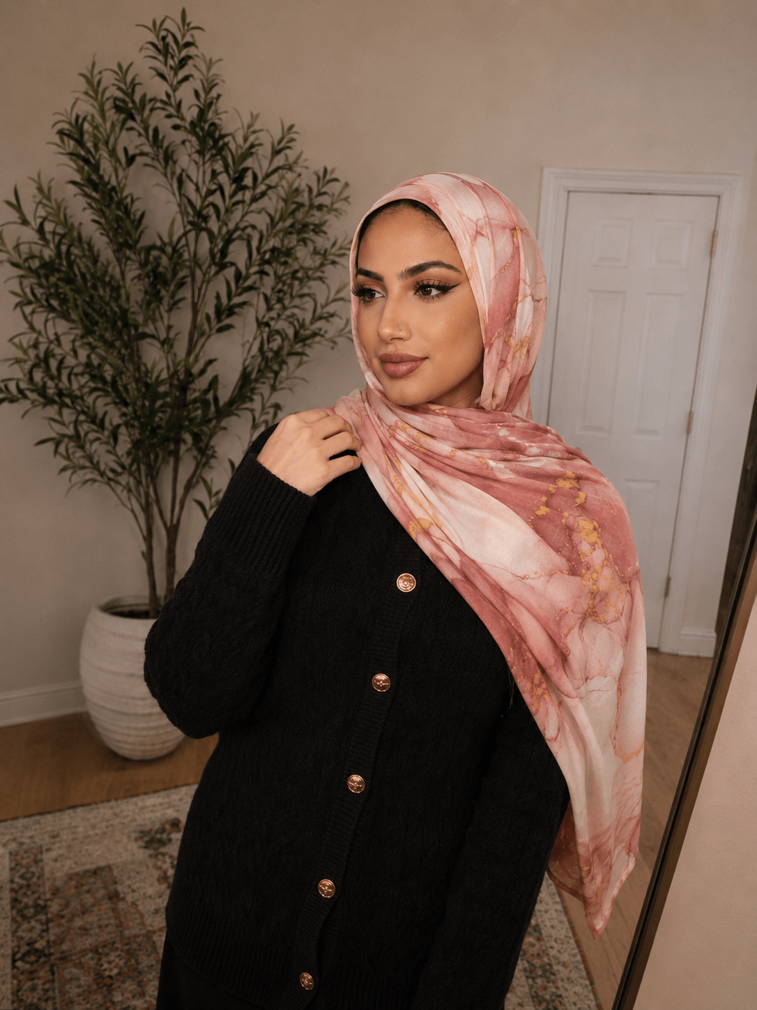 RY426 Peach Coral Marble Mercerized Cotton Jersey Hijab – Soft Stretch Scarf - Raya