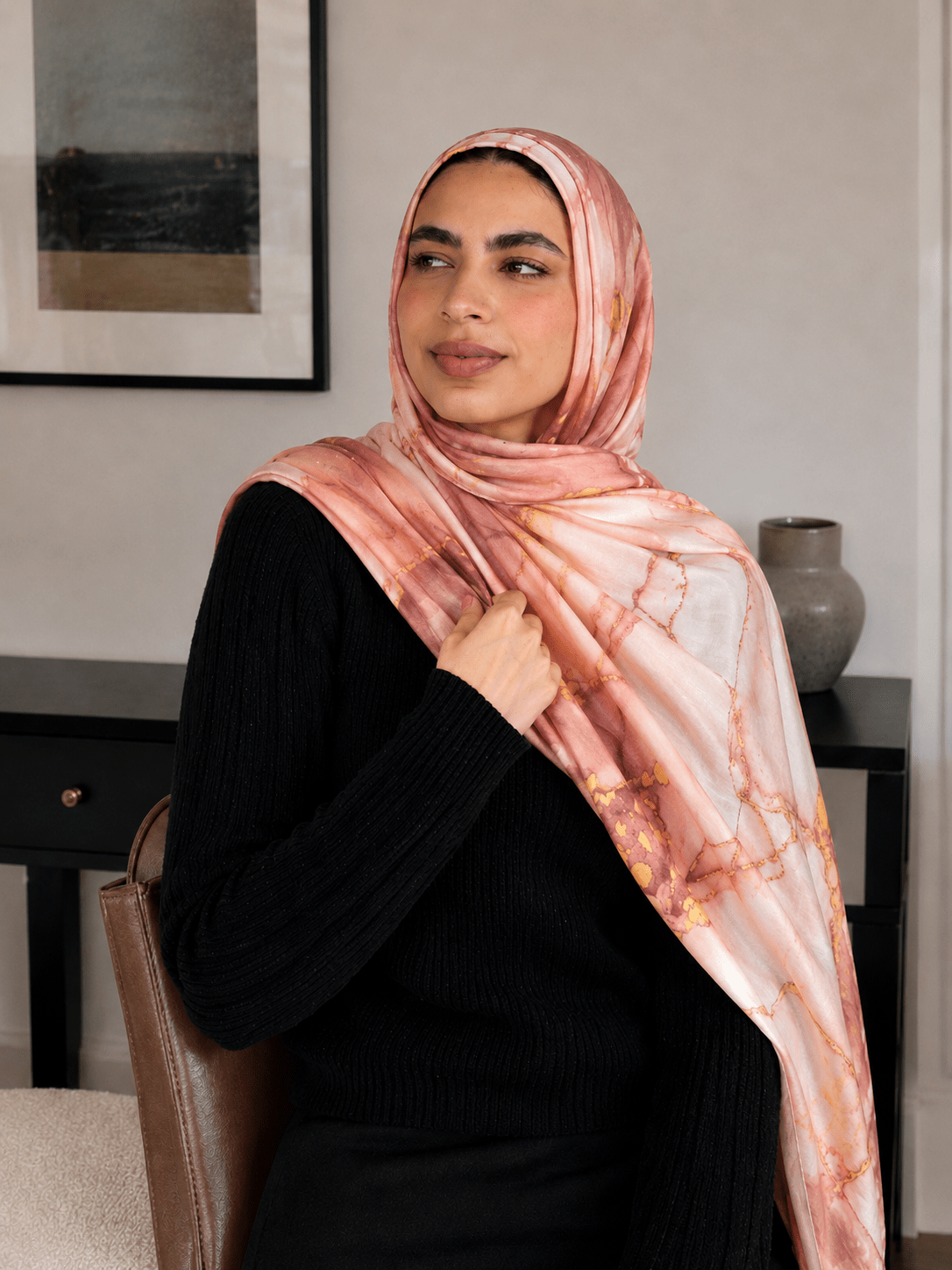 RY426 Peach Coral Marble Mercerized Cotton Jersey Hijab – Soft Stretch Scarf - Raya