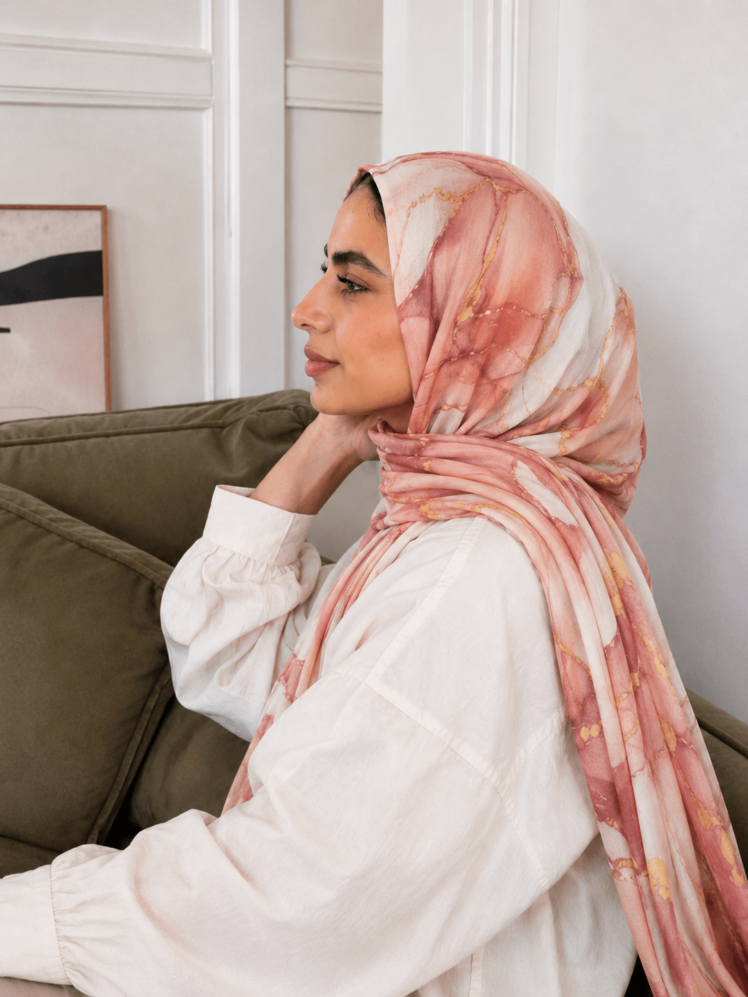 RY426 Peach Coral Marble Mercerized Cotton Jersey Hijab – Soft Stretch Scarf - Raya
