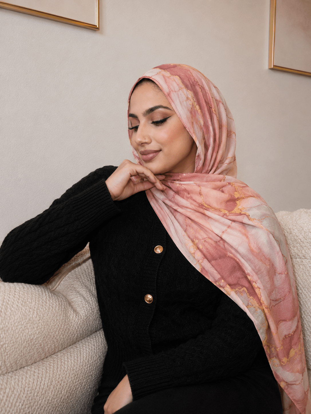 RY426 Peach Coral Marble Mercerized Cotton Jersey Hijab – Soft Stretch Scarf - Raya