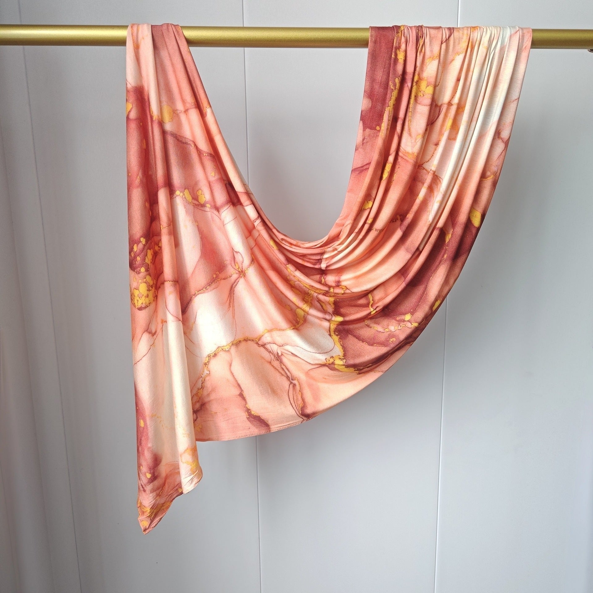 RY426 Peach Coral Marble Mercerized Cotton Jersey Hijab – Soft Stretch Scarf - Raya
