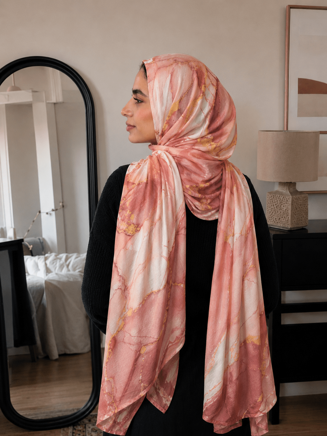 RY426 Peach Coral Marble Mercerized Cotton Jersey Hijab – Soft Stretch Scarf - Raya
