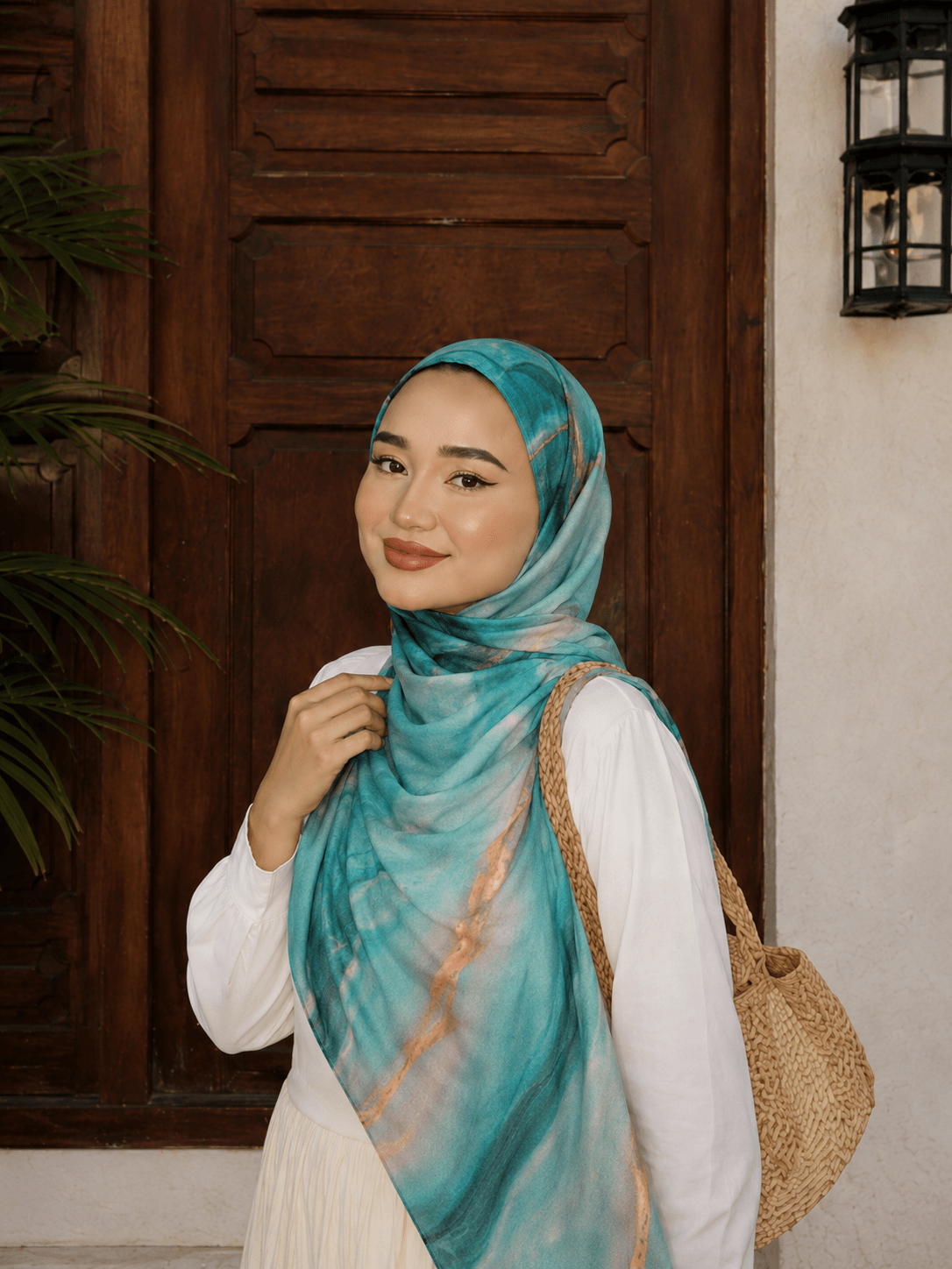 RY428 Aqua Copper Marble Mercerized Cotton Jersey Hijab – Soft Stretch Scarf - Raya