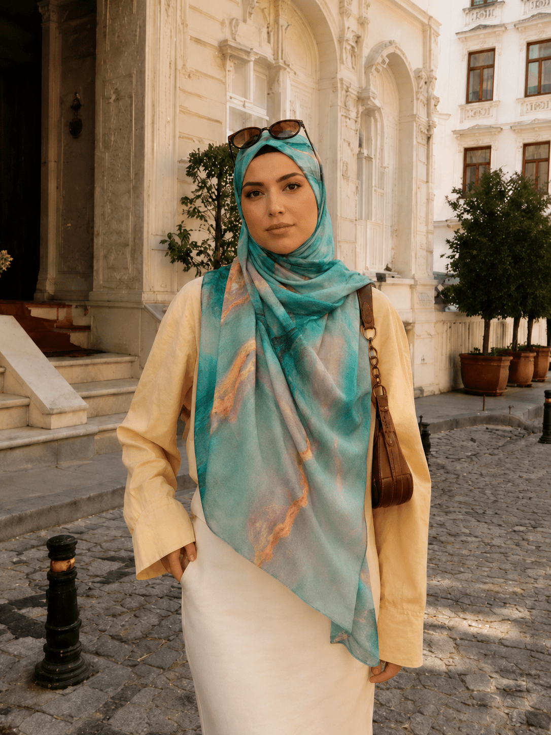 RY428 Aqua Copper Marble Mercerized Cotton Jersey Hijab – Soft Stretch Scarf - Raya