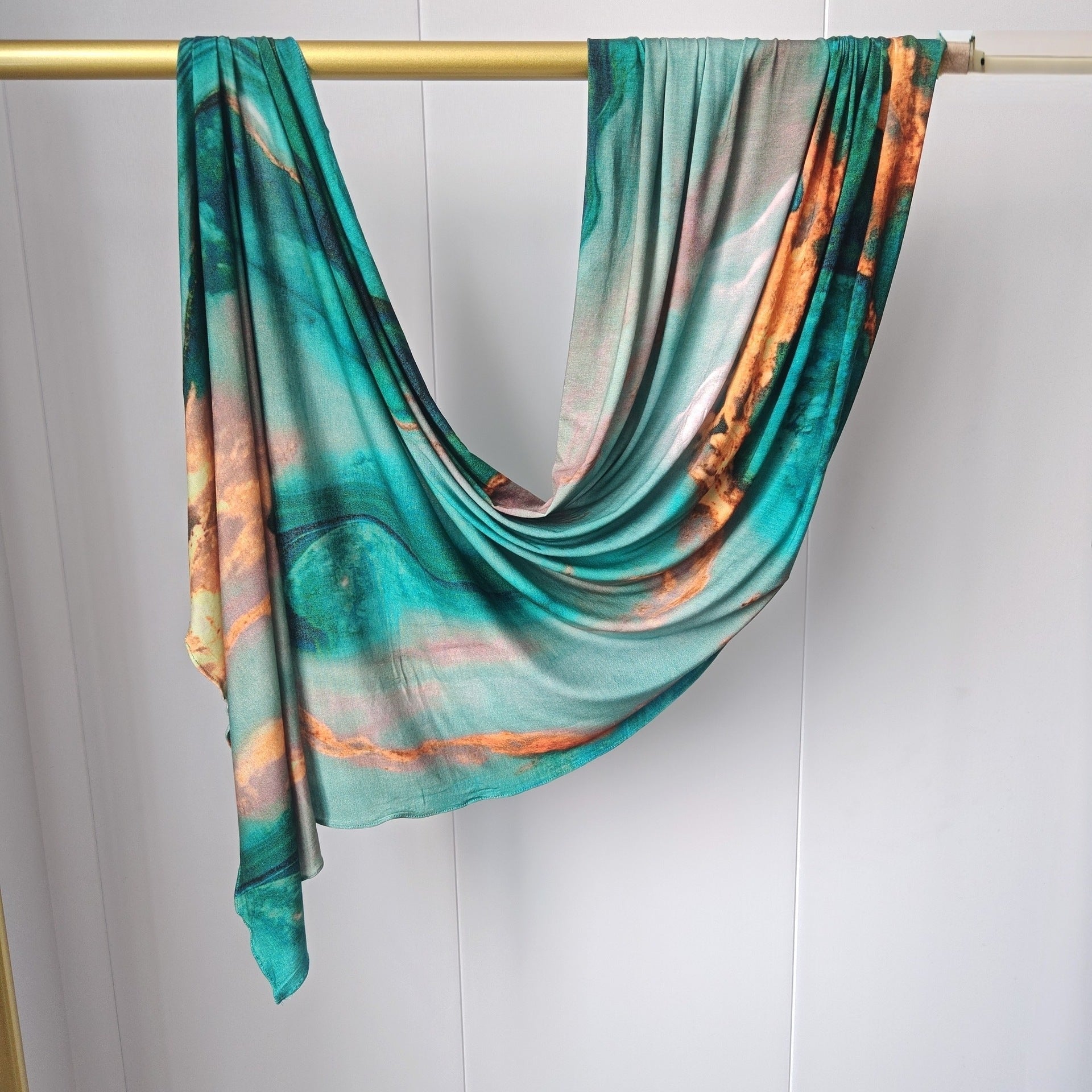 RY428 Aqua Copper Marble Mercerized Cotton Jersey Hijab – Soft Stretch Scarf - Raya