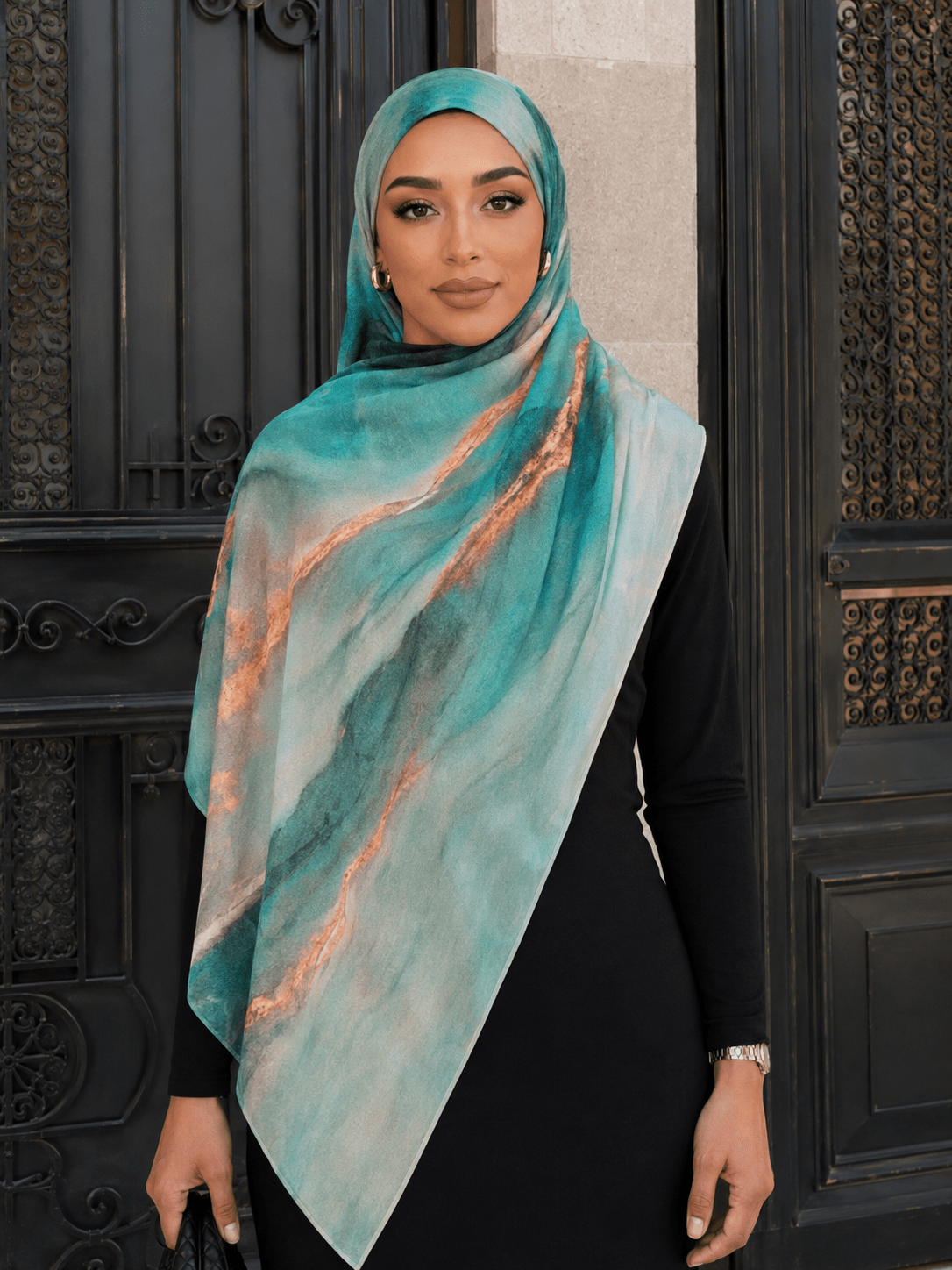 RY428 Aqua Copper Marble Mercerized Cotton Jersey Hijab – Soft Stretch Scarf - Raya