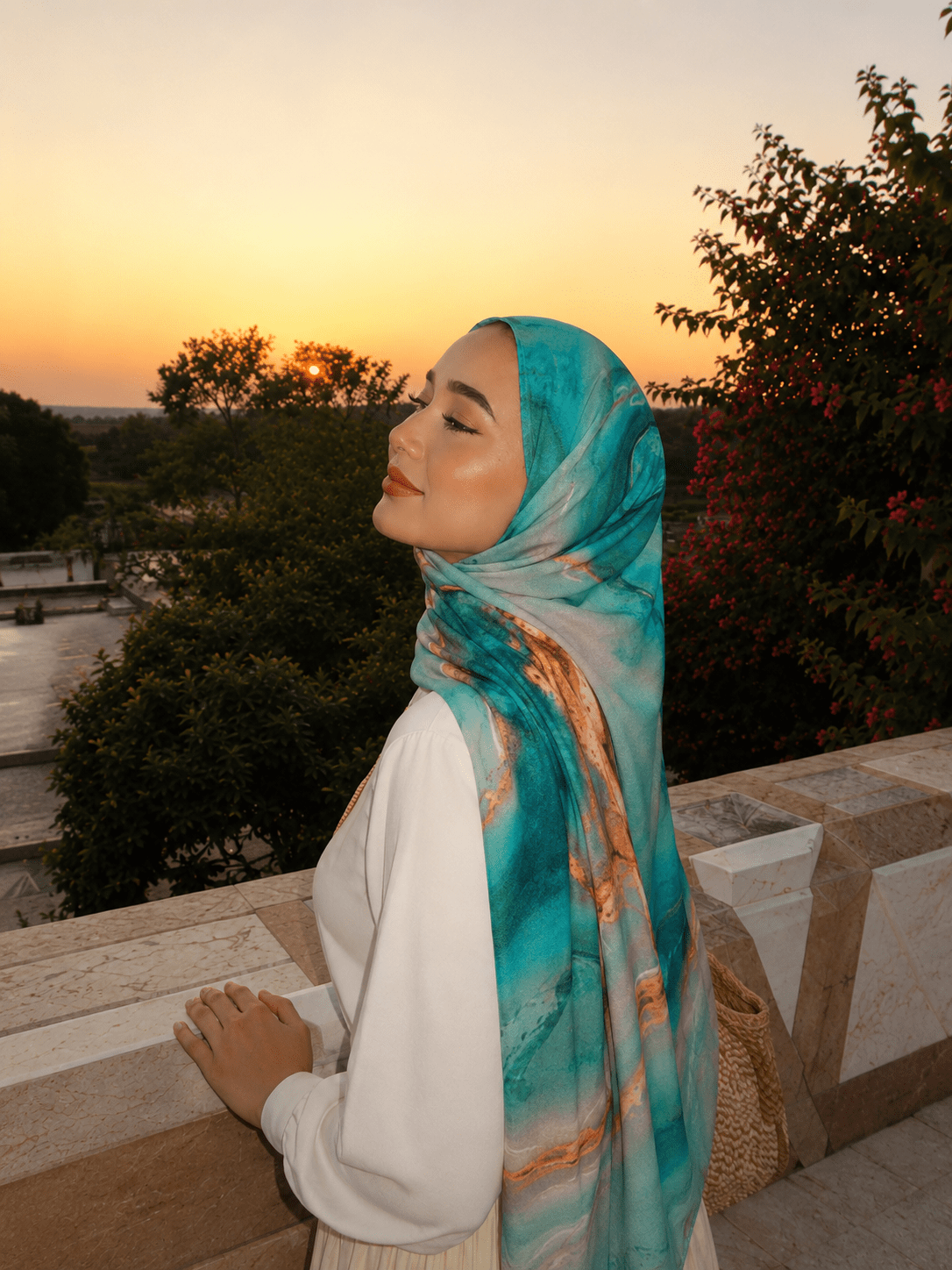 RY428 Aqua Copper Marble Mercerized Cotton Jersey Hijab – Soft Stretch Scarf - Raya