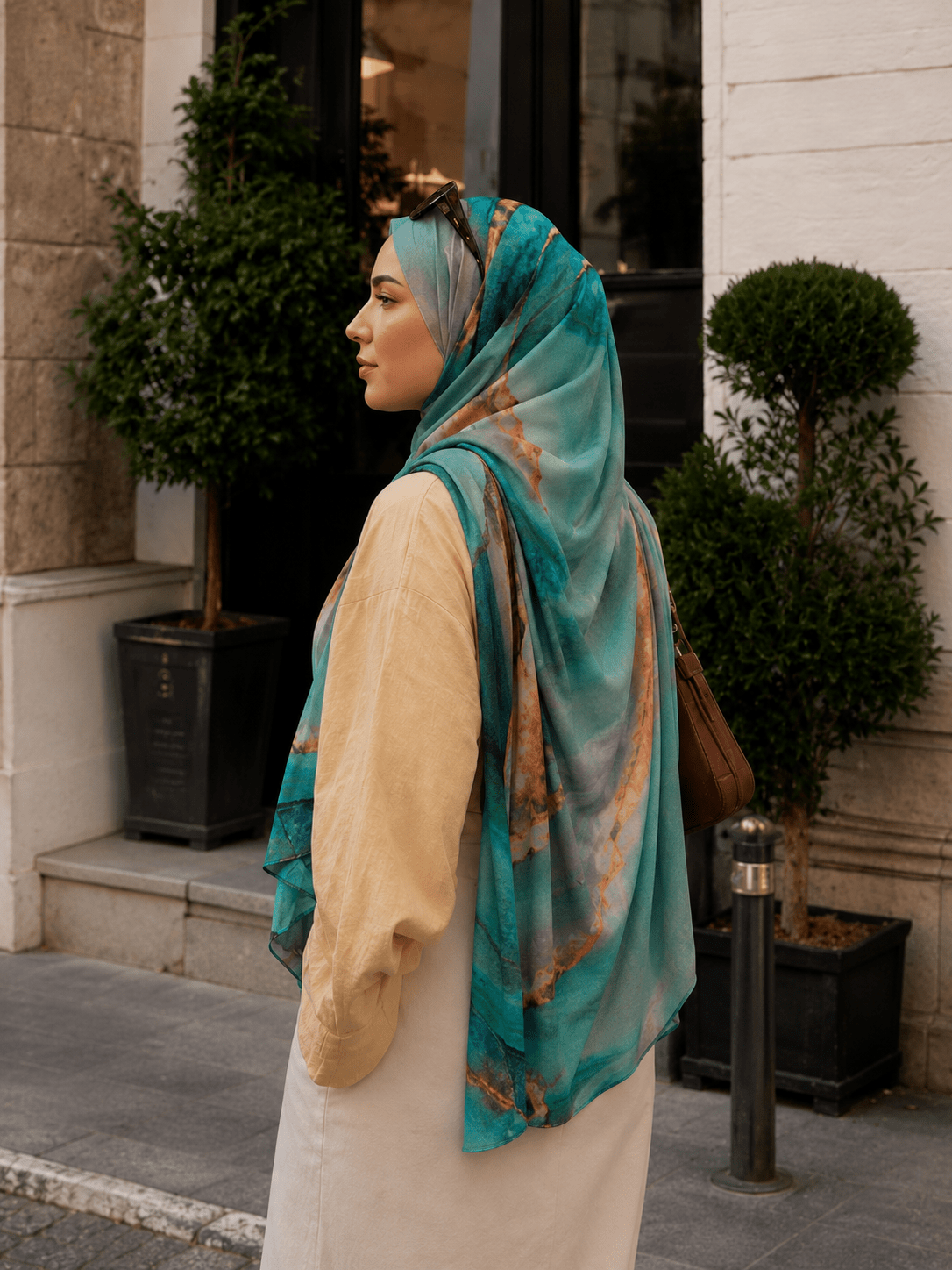 RY428 Aqua Copper Marble Mercerized Cotton Jersey Hijab – Soft Stretch Scarf - Raya