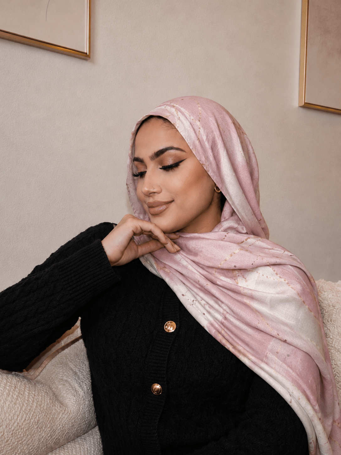 RY429 Blush Pink Gold Marble Mercerized Cotton Jersey Hijab – Soft Stretch Scarf - Raya