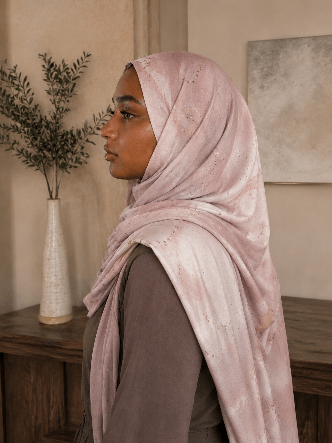 RY429 Blush Pink Gold Marble Mercerized Cotton Jersey Hijab – Soft Stretch Scarf - Raya