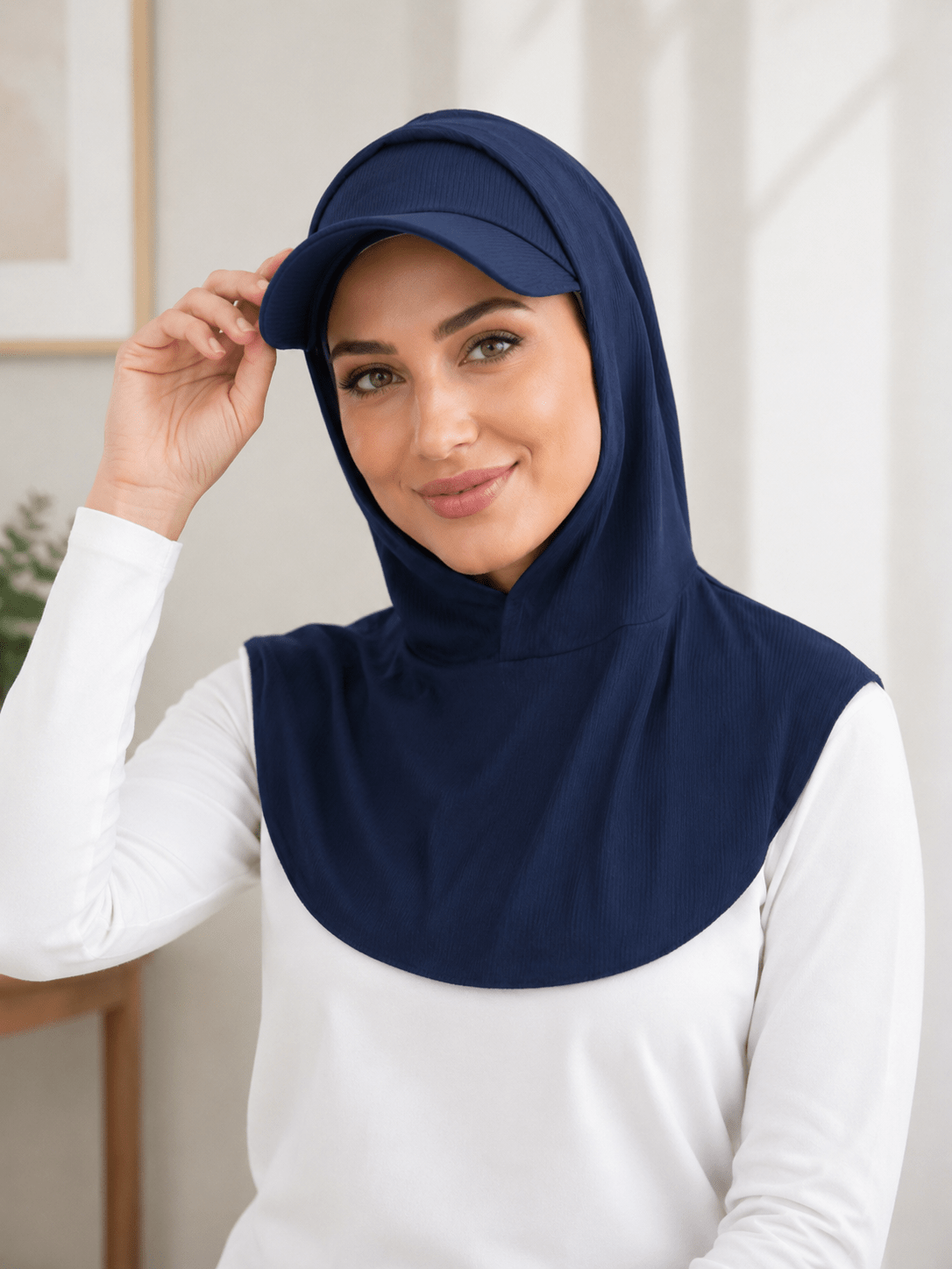 RY502 Navy Blue Ribbed Sun Protection Hijab Cap with Visor – Full Neck Cover - Raya