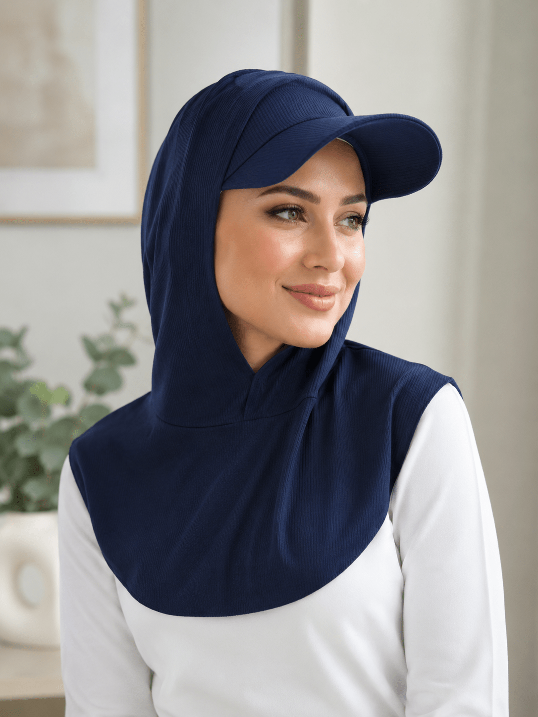 RY502 Navy Blue Ribbed Sun Protection Hijab Cap with Visor – Full Neck Cover - Raya