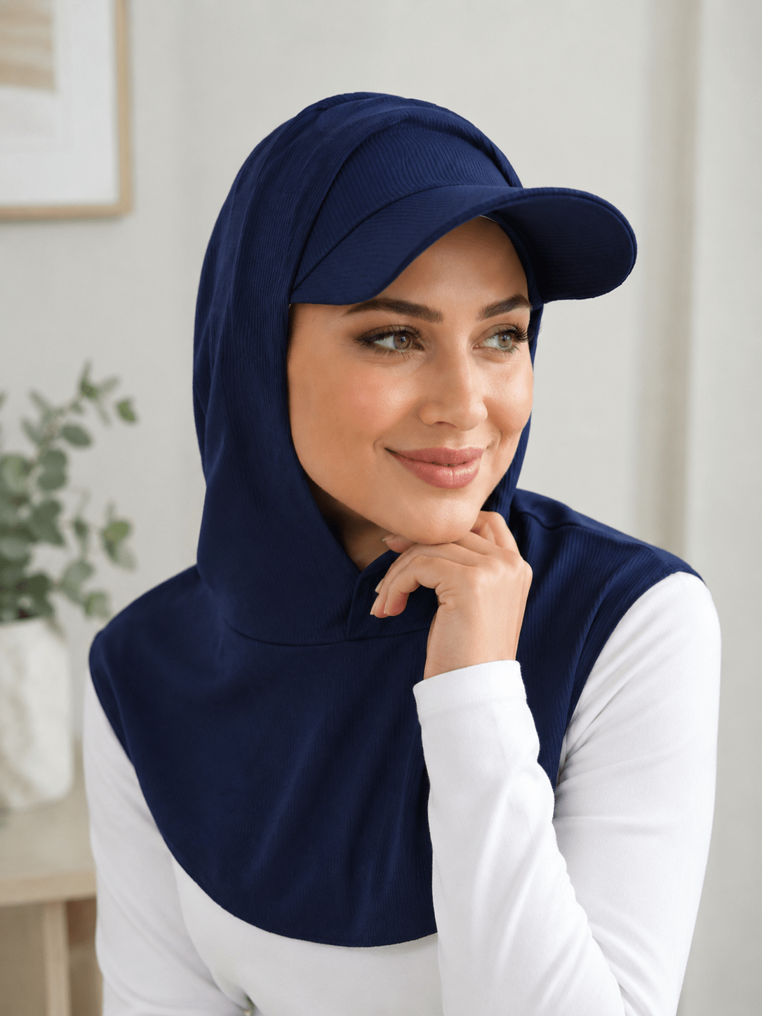 RY502 Navy Blue Ribbed Sun Protection Hijab Cap with Visor – Full Neck Cover - Raya