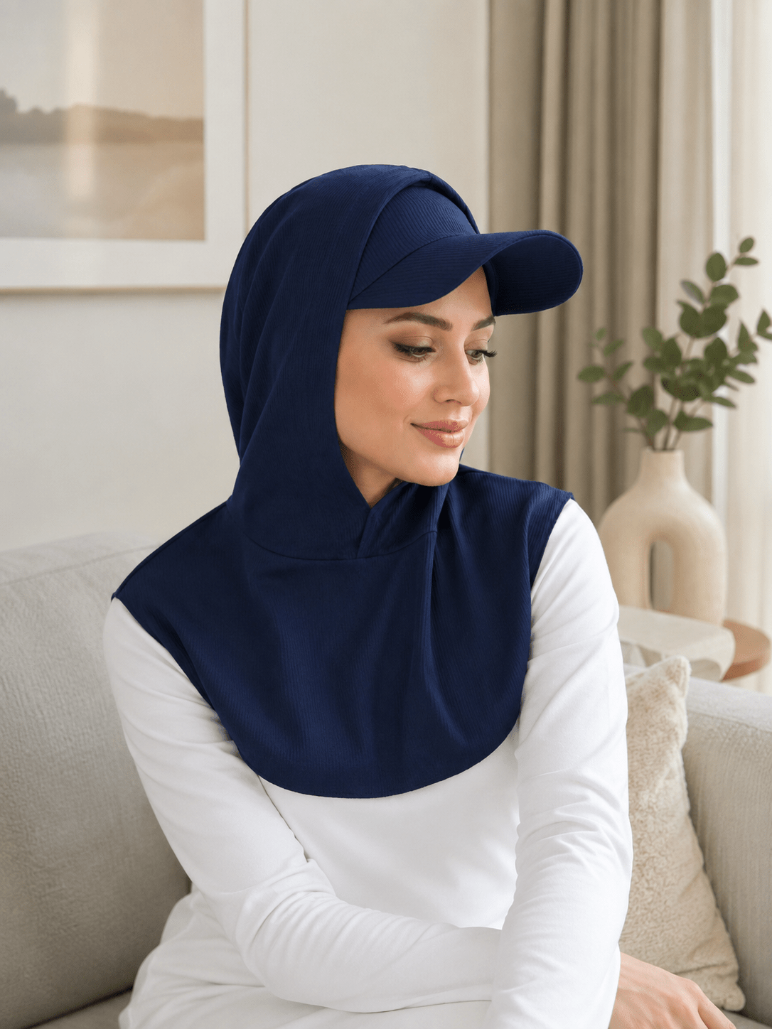 RY502 Navy Blue Ribbed Sun Protection Hijab Cap with Visor – Full Neck Cover - Raya
