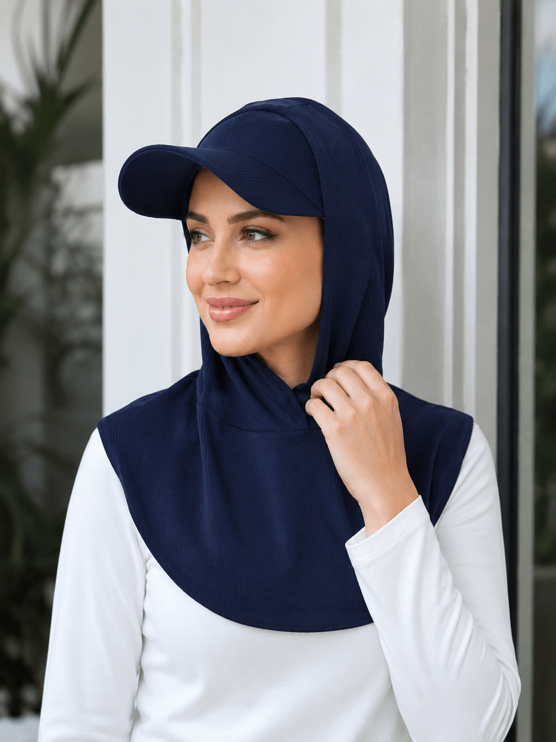 RY502 Navy Blue Ribbed Sun Protection Hijab Cap with Visor – Full Neck Cover - Raya