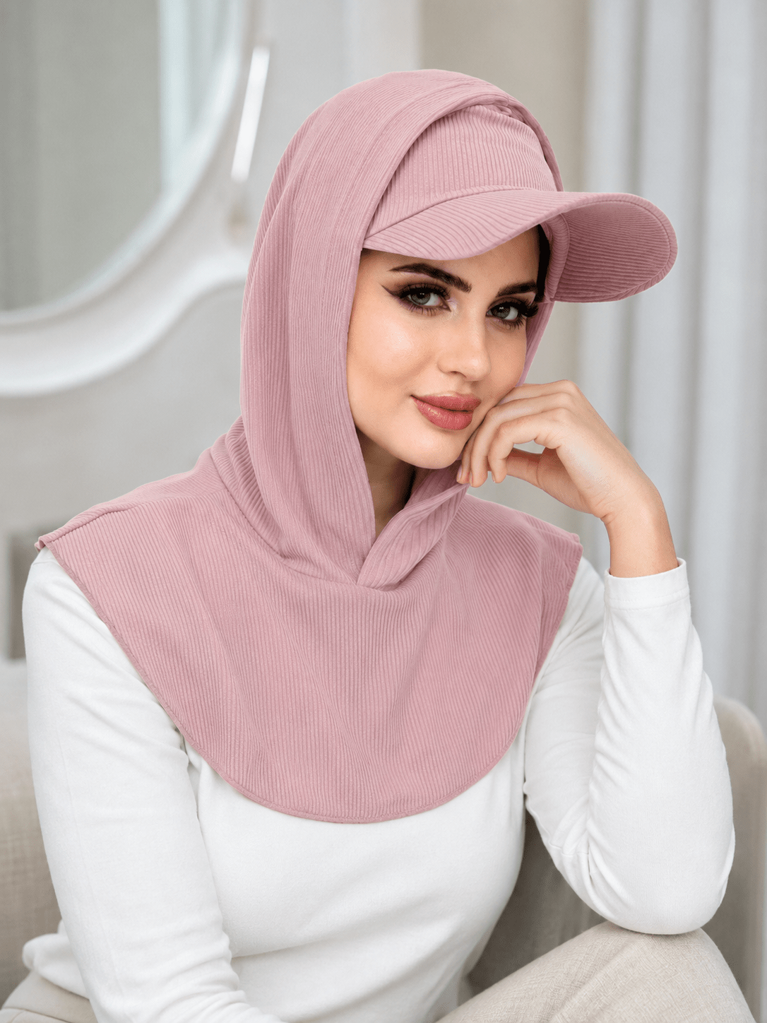 RY503 Blush Pink Ribbed Sun Protection Hijab Cap with Visor – Full Neck Cover - Raya