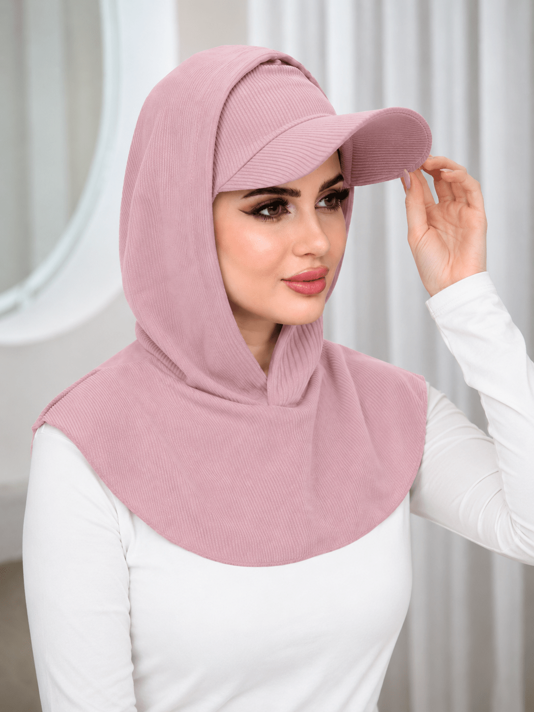 RY503 Blush Pink Ribbed Sun Protection Hijab Cap with Visor – Full Neck Cover - Raya