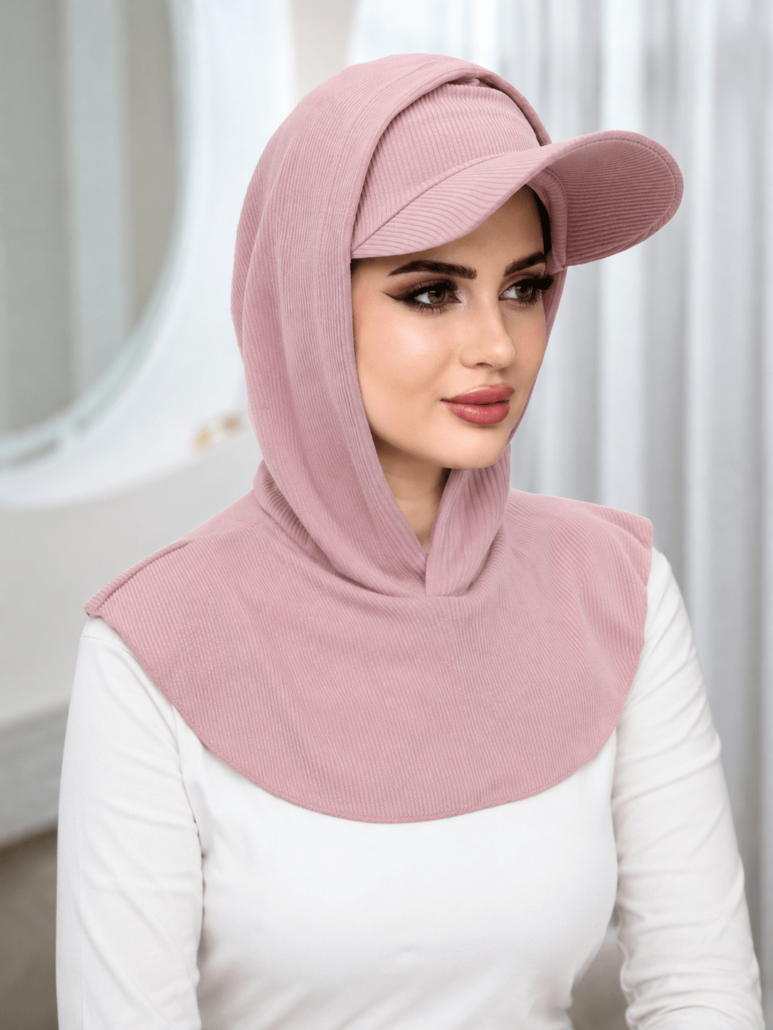 RY503 Blush Pink Ribbed Sun Protection Hijab Cap with Visor – Full Neck Cover - Raya