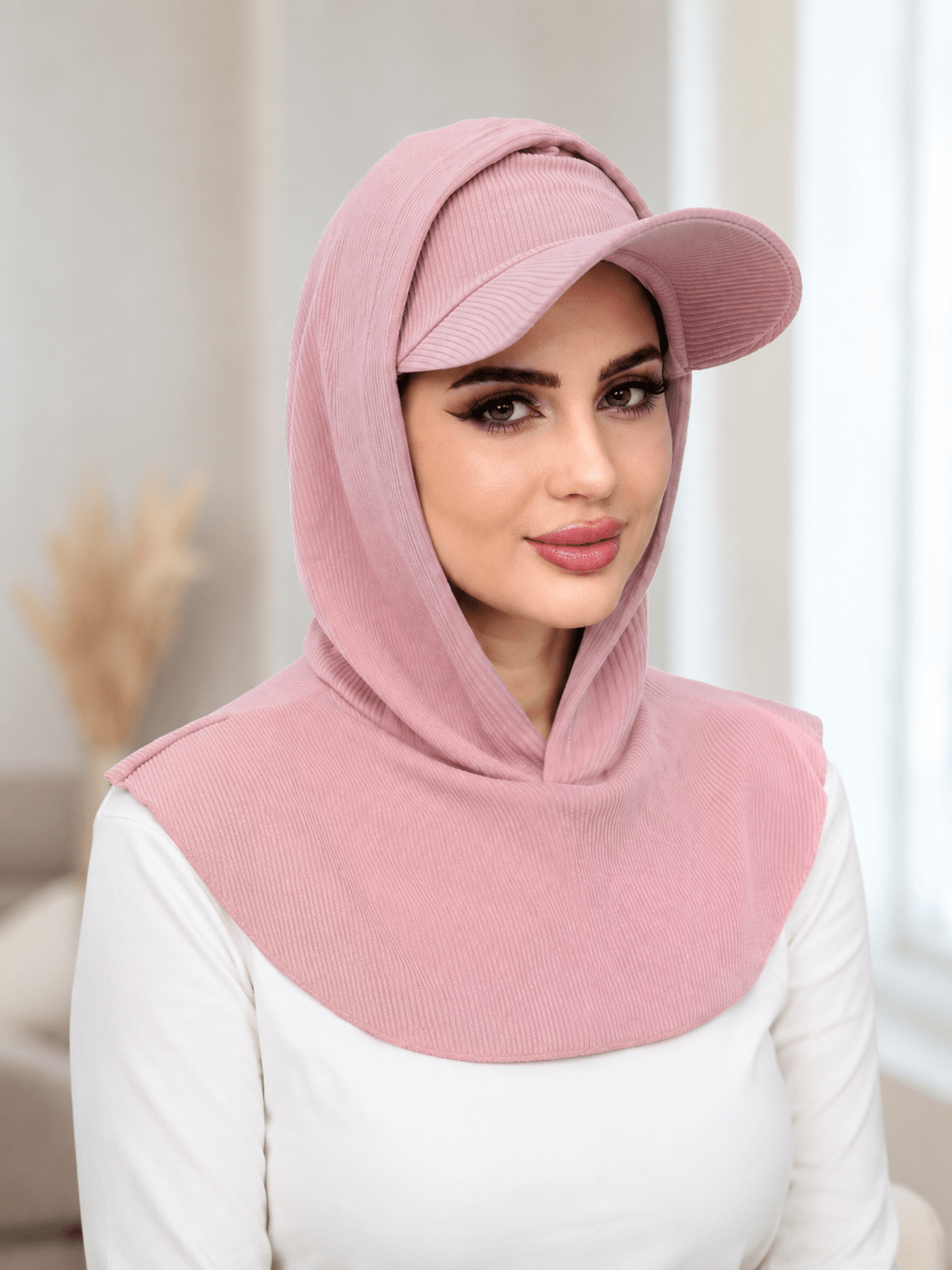 RY503 Blush Pink Ribbed Sun Protection Hijab Cap with Visor – Full Neck Cover - Raya