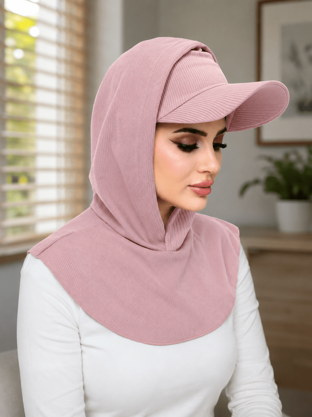 RY503 Blush Pink Ribbed Sun Protection Hijab Cap with Visor – Full Neck Cover - Raya