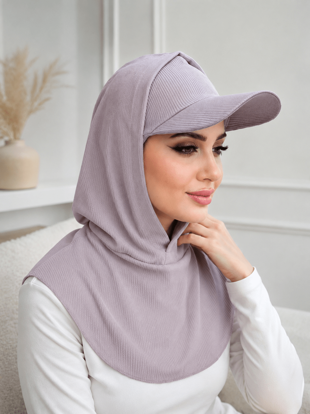 RY504 Light Taupe Ribbed Sun Protection Hijab Cap with Visor – Full Neck Cover - Raya