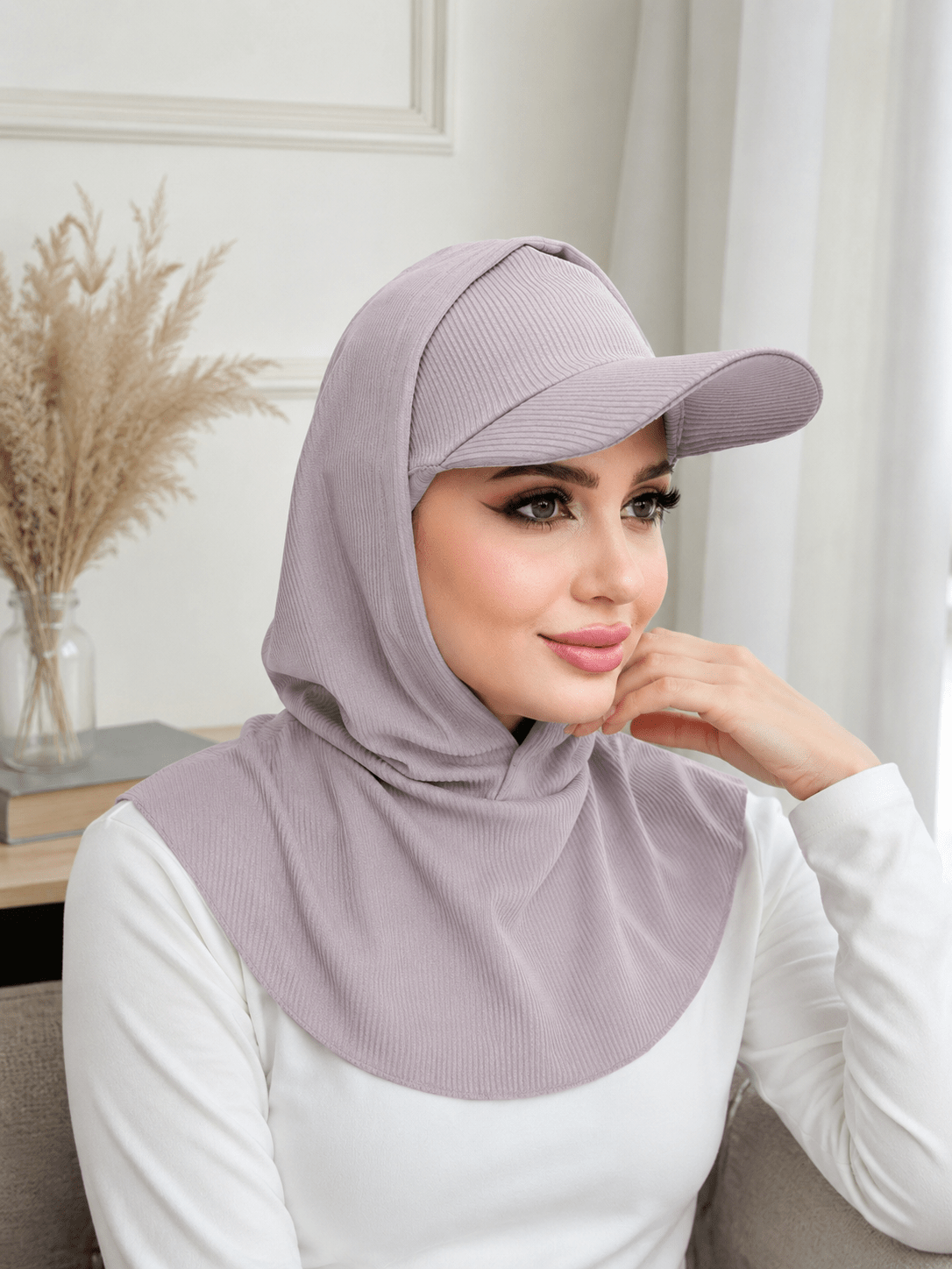 RY504 Light Taupe Ribbed Sun Protection Hijab Cap with Visor – Full Neck Cover - Raya
