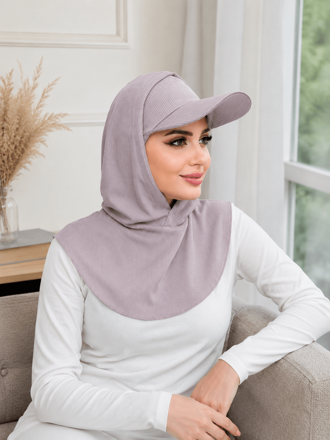 RY504 Light Taupe Ribbed Sun Protection Hijab Cap with Visor – Full Neck Cover - Raya