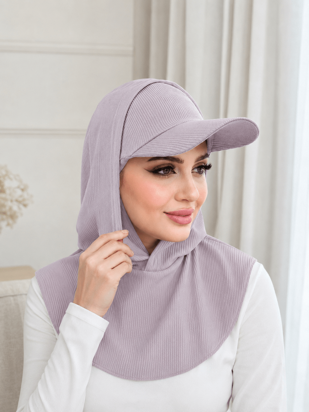 RY504 Light Taupe Ribbed Sun Protection Hijab Cap with Visor – Full Neck Cover - Raya