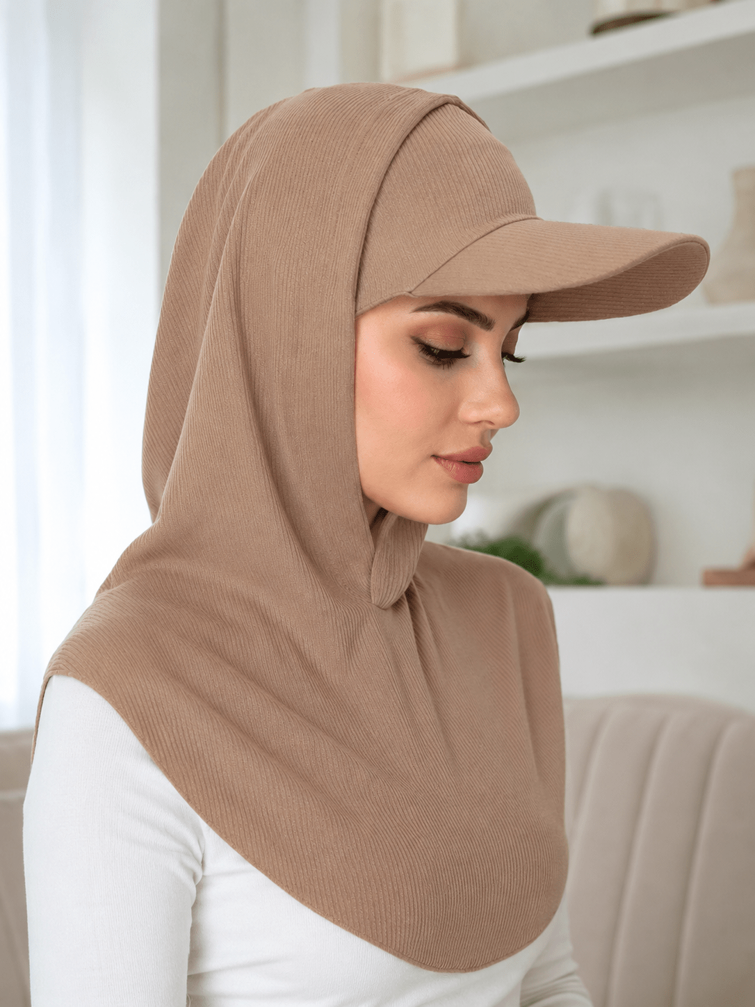 RY505 Camel Beige Ribbed Sun Protection Hijab Cap with Visor – Full Neck Cover - Raya