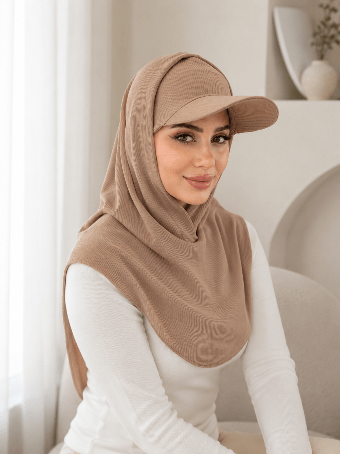 RY505 Camel Beige Ribbed Sun Protection Hijab Cap with Visor – Full Neck Cover - Raya