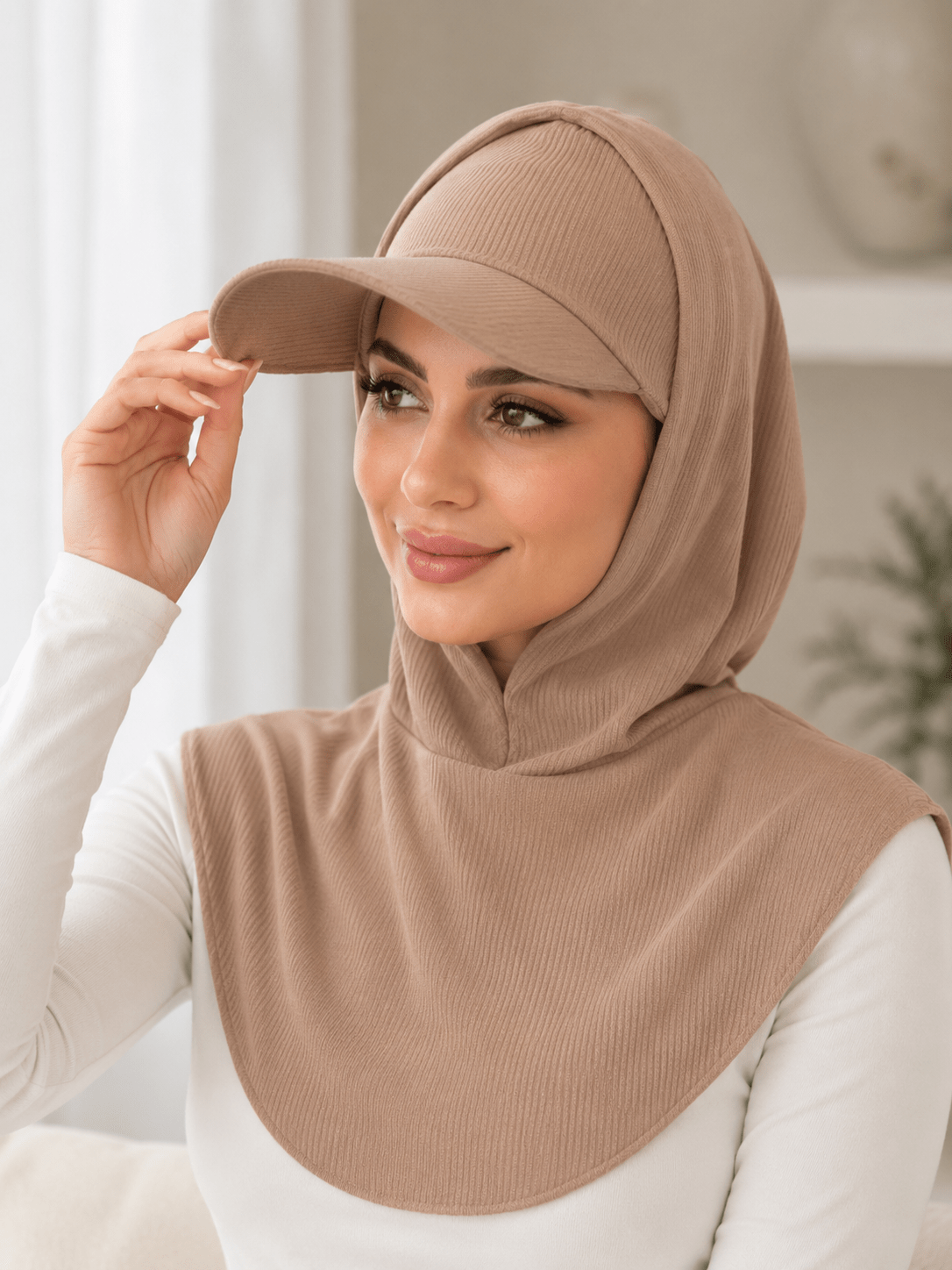 RY505 Camel Beige Ribbed Sun Protection Hijab Cap with Visor – Full Neck Cover - Raya