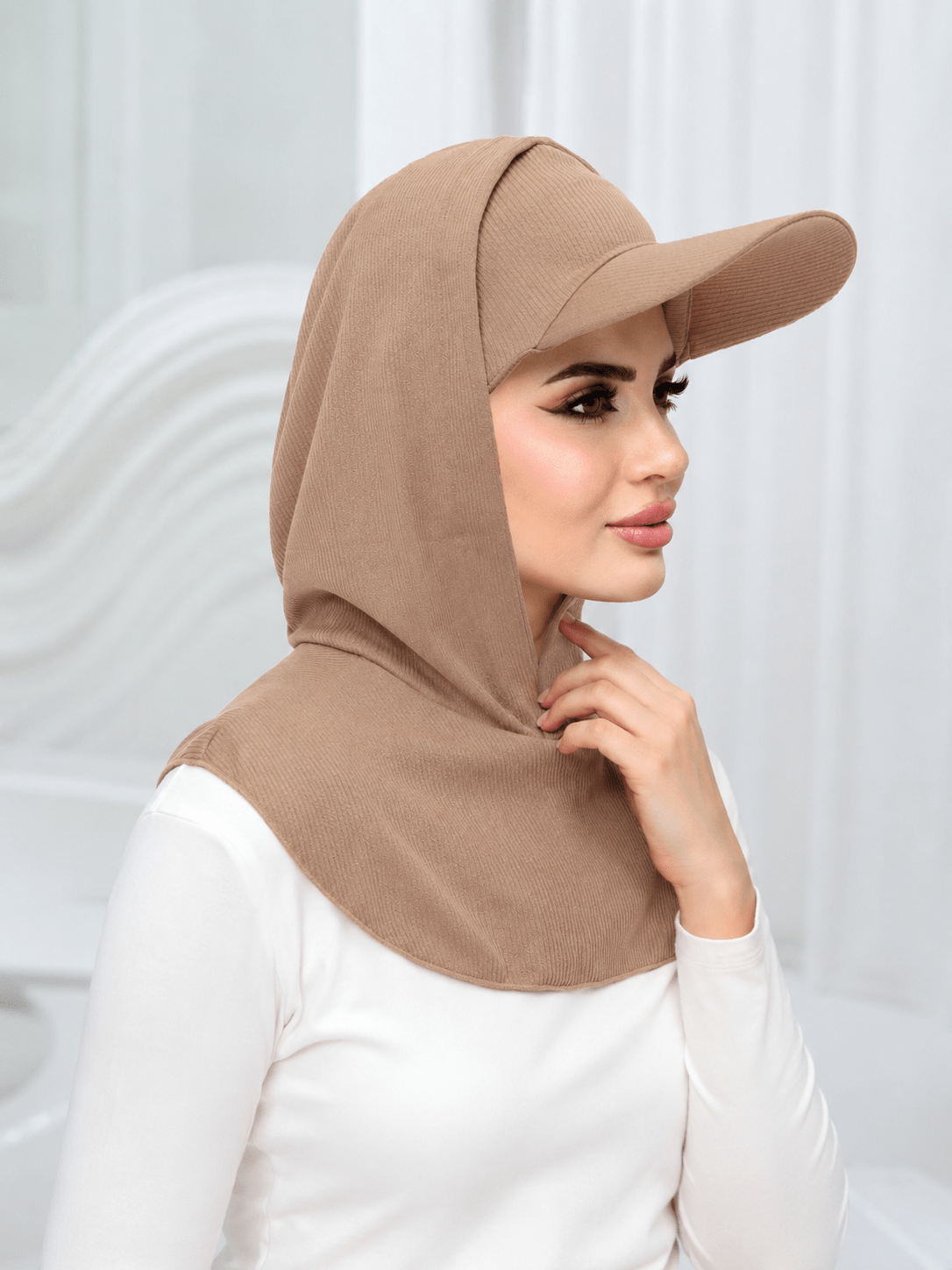 RY505 Camel Beige Ribbed Sun Protection Hijab Cap with Visor – Full Neck Cover - Raya