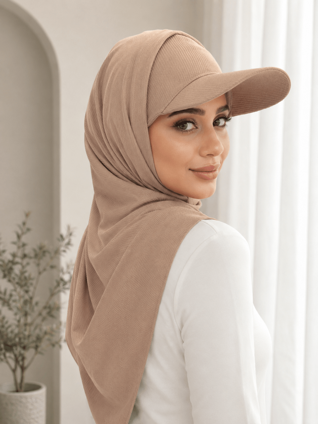 RY505 Camel Beige Ribbed Sun Protection Hijab Cap with Visor – Full Neck Cover - Raya