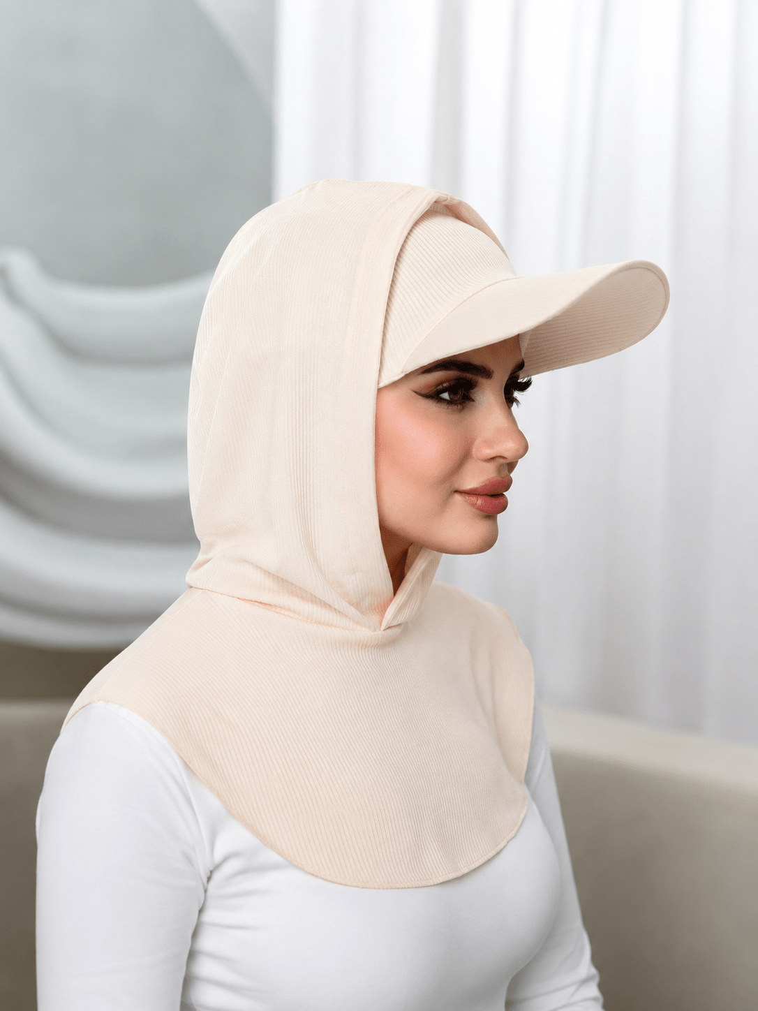 RY506 Cream Ribbed Sun Protection Hijab Cap with Visor – Full Neck Cover - Raya