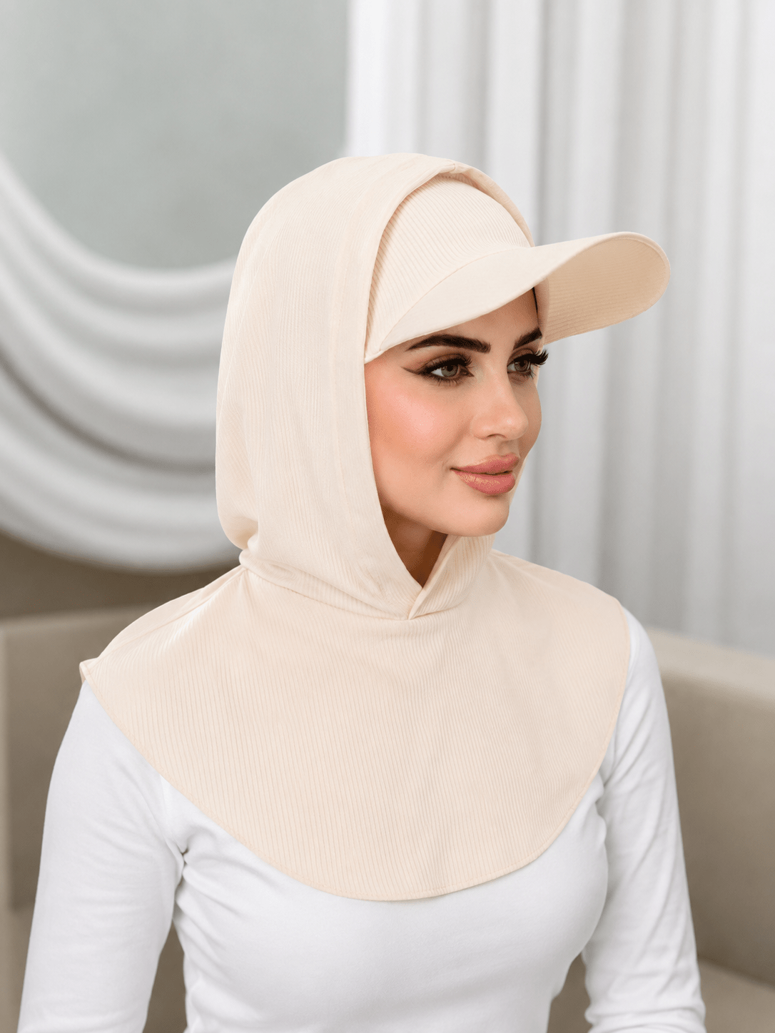 RY506 Cream Ribbed Sun Protection Hijab Cap with Visor – Full Neck Cover - Raya