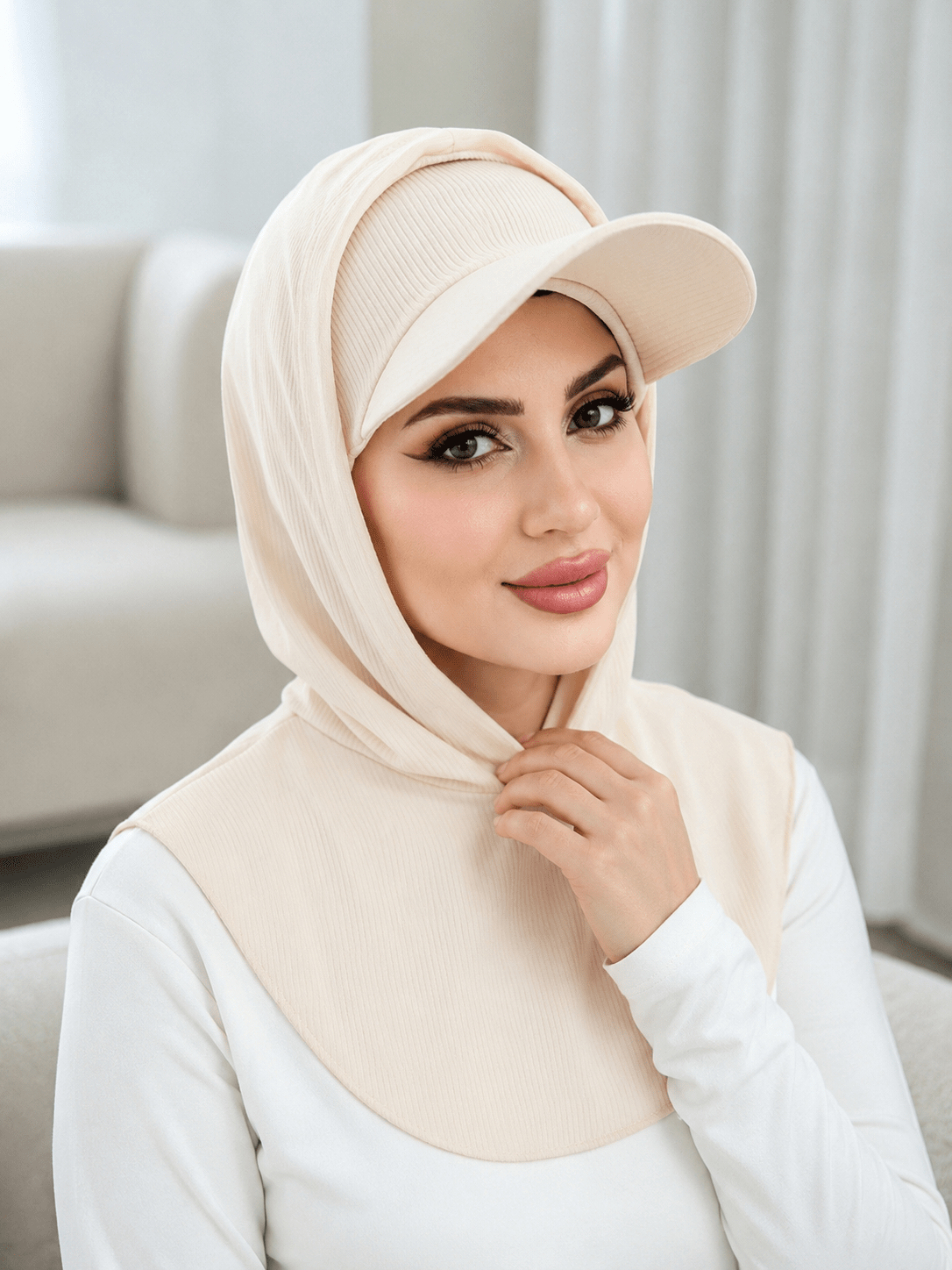 RY506 Cream Ribbed Sun Protection Hijab Cap with Visor – Full Neck Cover - Raya