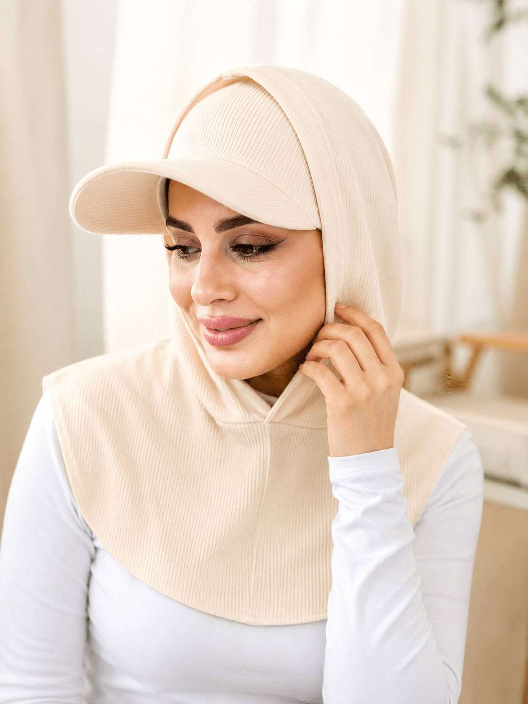 RY506 Cream Ribbed Sun Protection Hijab Cap with Visor – Full Neck Cover - Raya