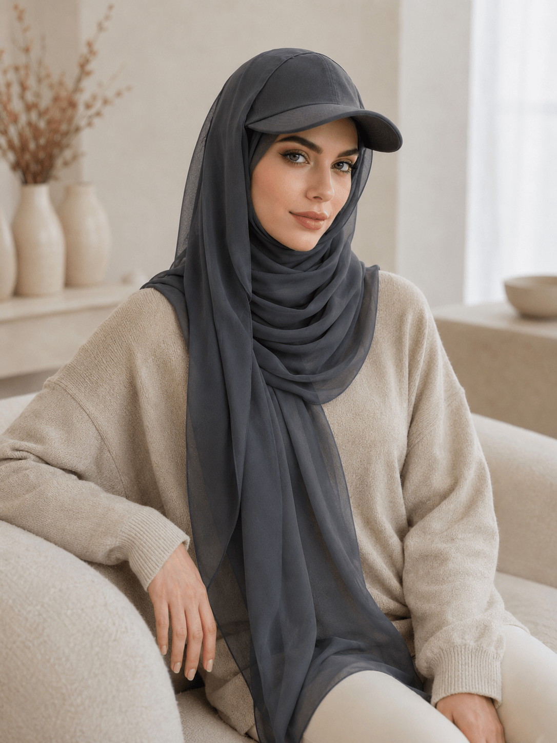 RY601 Charcoal Chiffon Hijab Baseball Cap – Sun Protection Scarf Hat - Raya